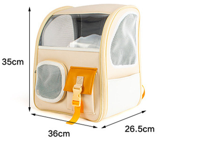 Pet carrier with dimensions labeled on a white background