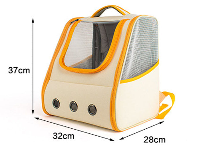 Pet carrier with dimensions labeled on a white background