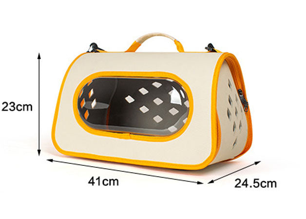 Pet carrier with dimensions indicated on a white background