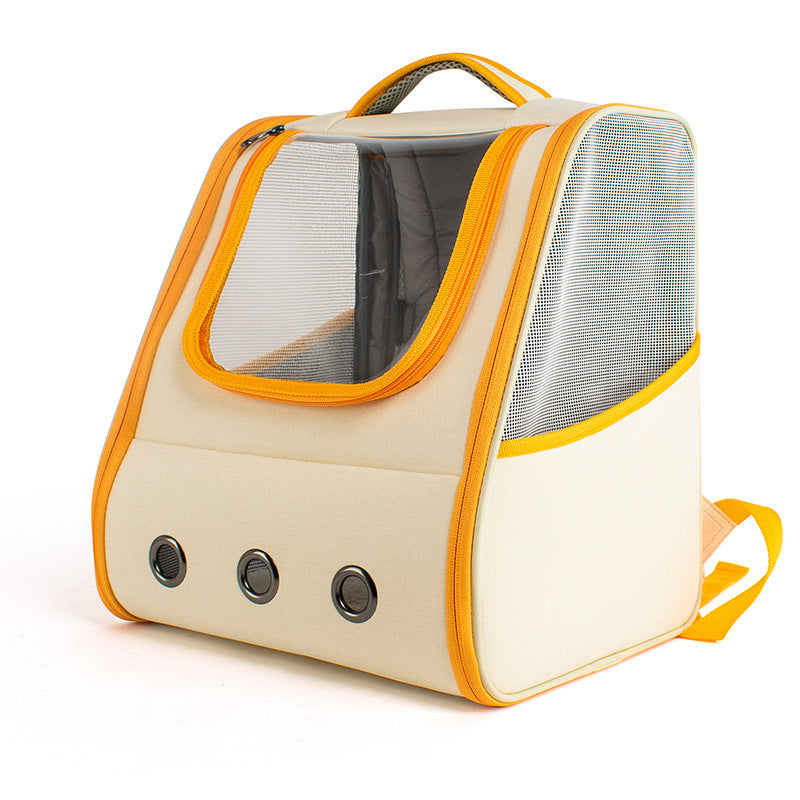 Pet carrier with yellow trim and mesh on a white background