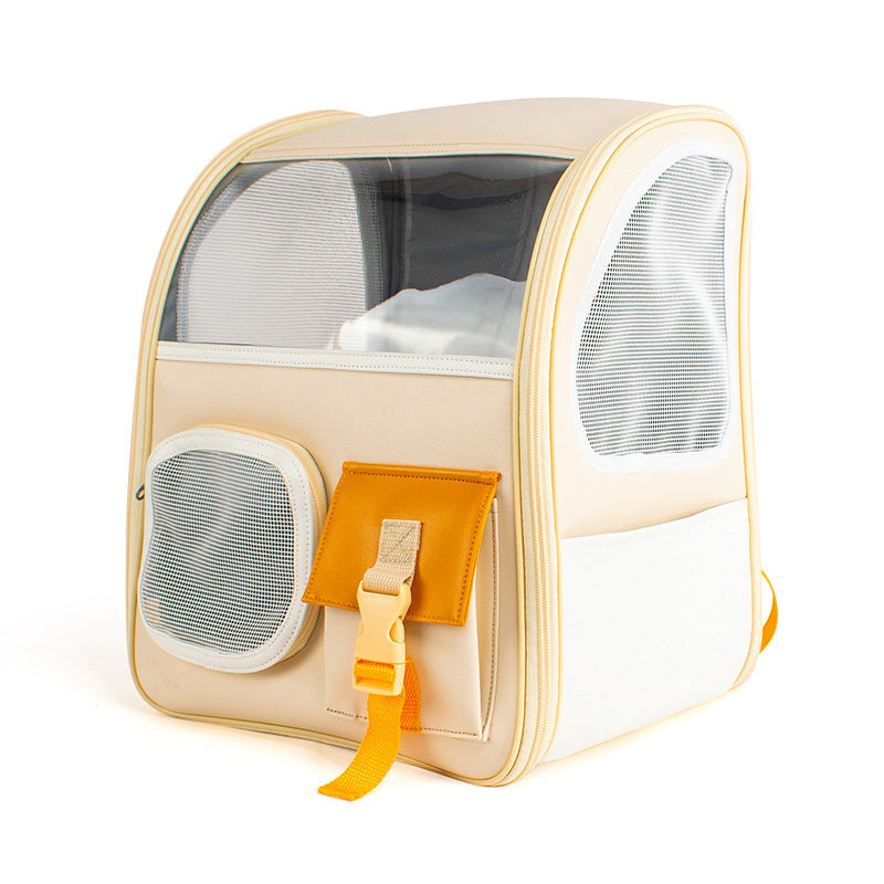Yellow pet carrier with mesh and orange pocket on a white background