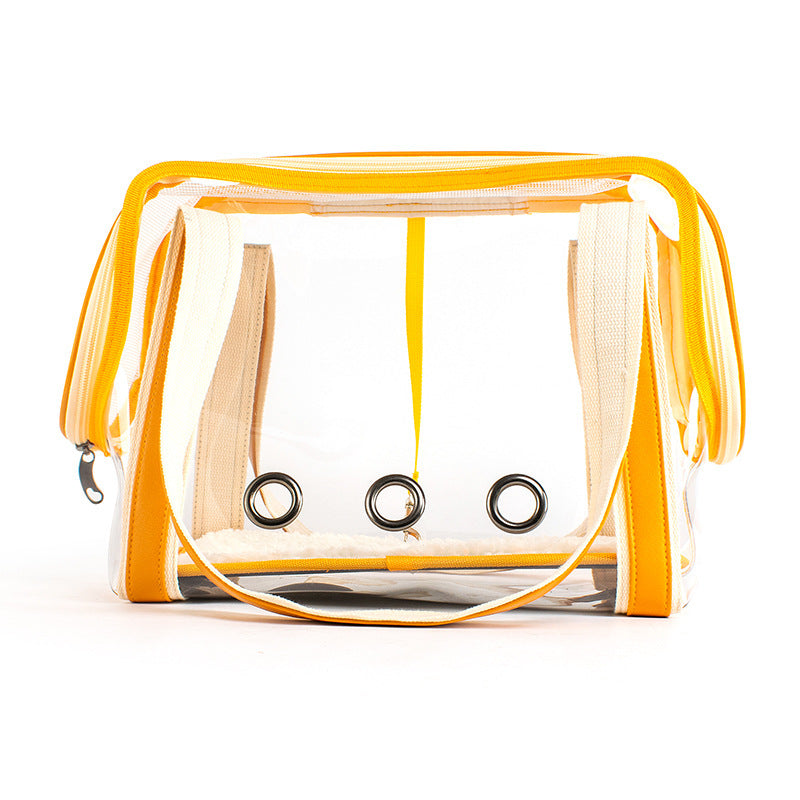 Clear pet carrier with yellow accents on a white background