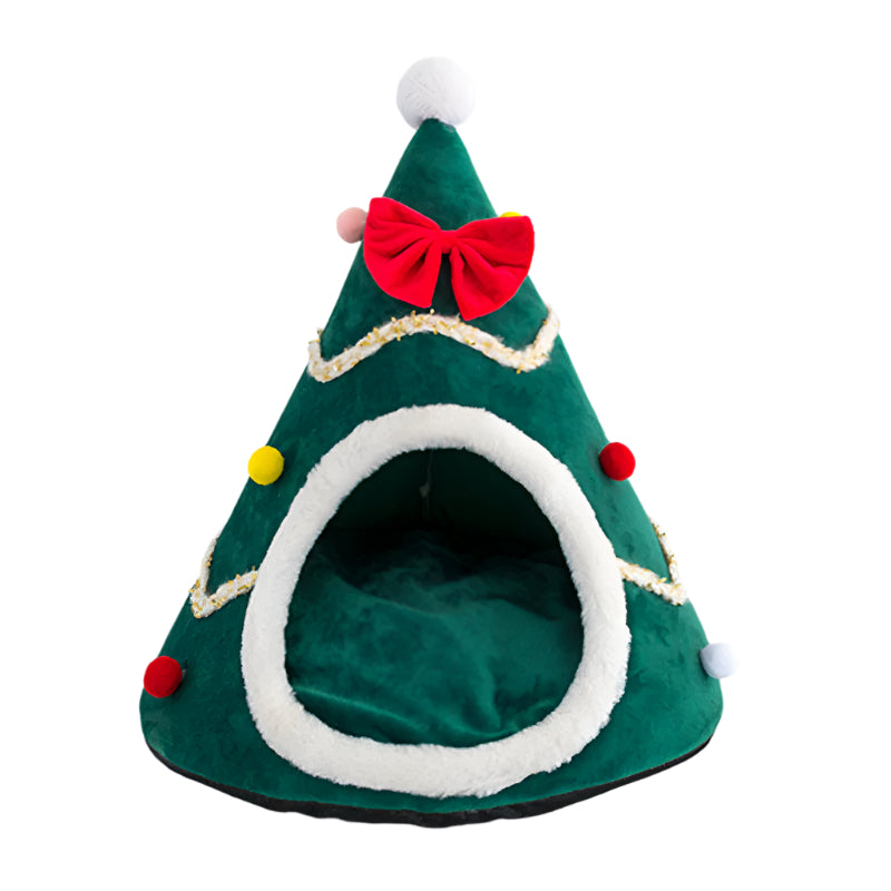 Green pet bed shaped like a Christmas tree with red and yellow decorations on a white background