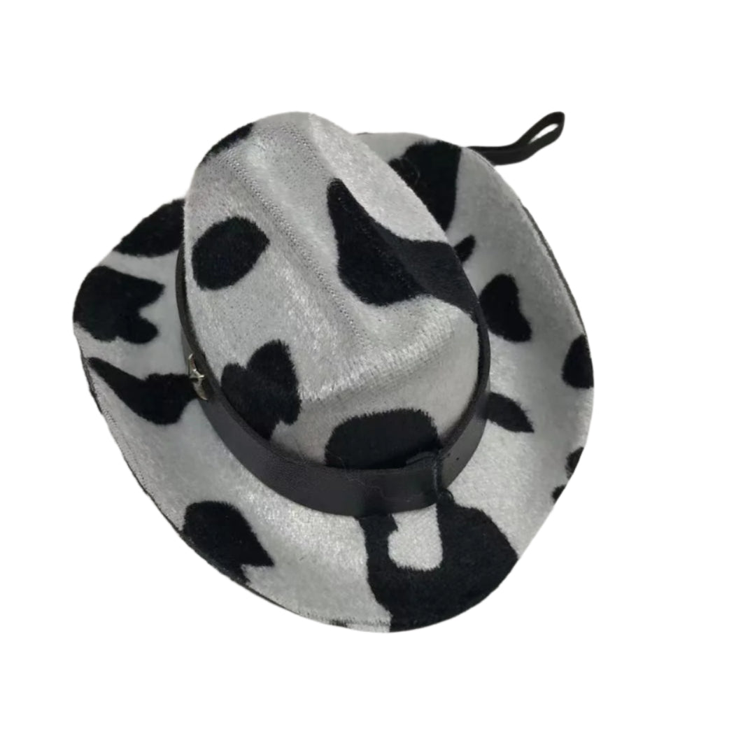 Cow print pet cowboy hat on a white background