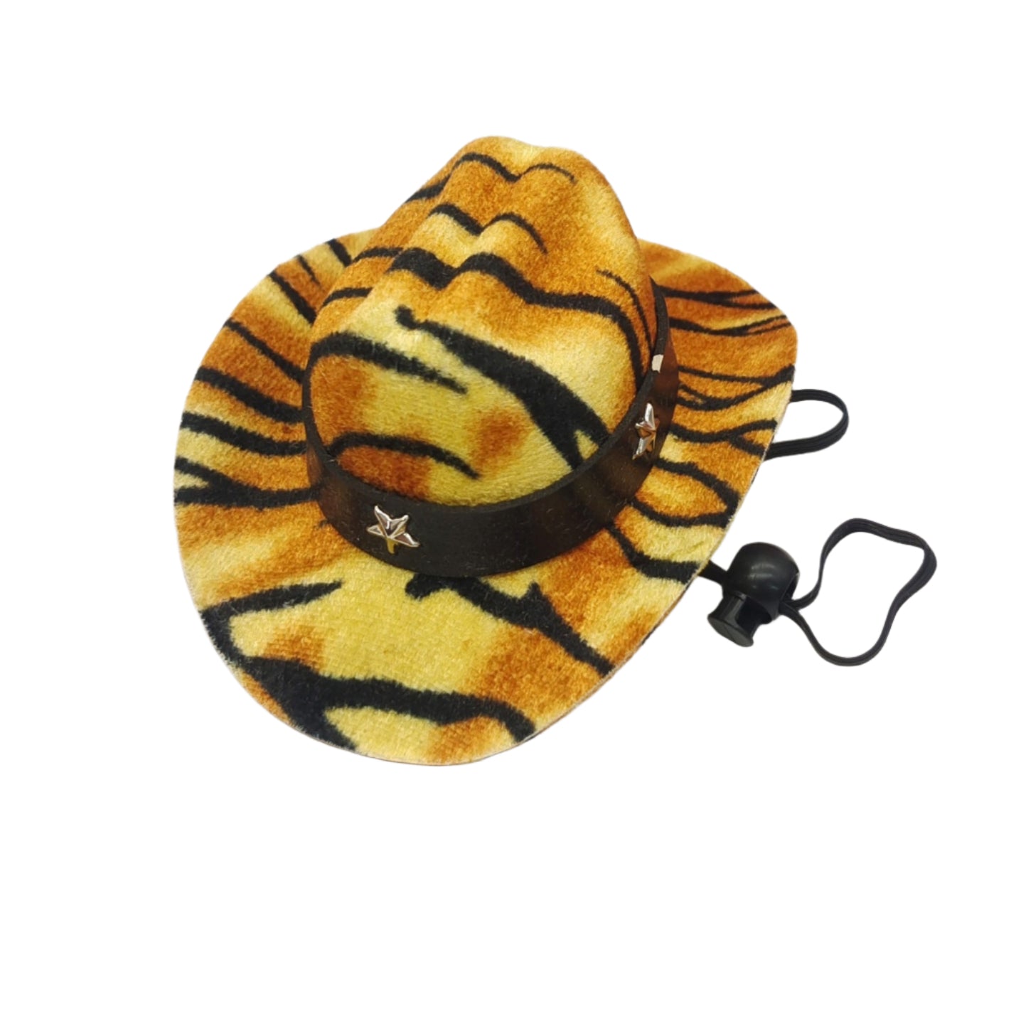 Tiger-patterned pet cowboy hat with a black band with stars on a white background