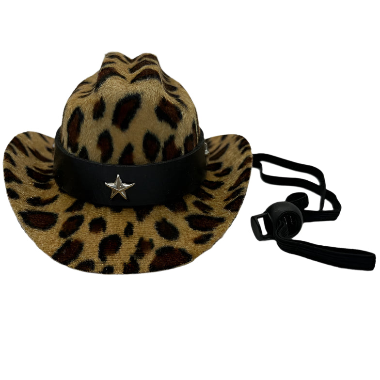 Leopard print pet cowboy hat with a black band with a star on a white background