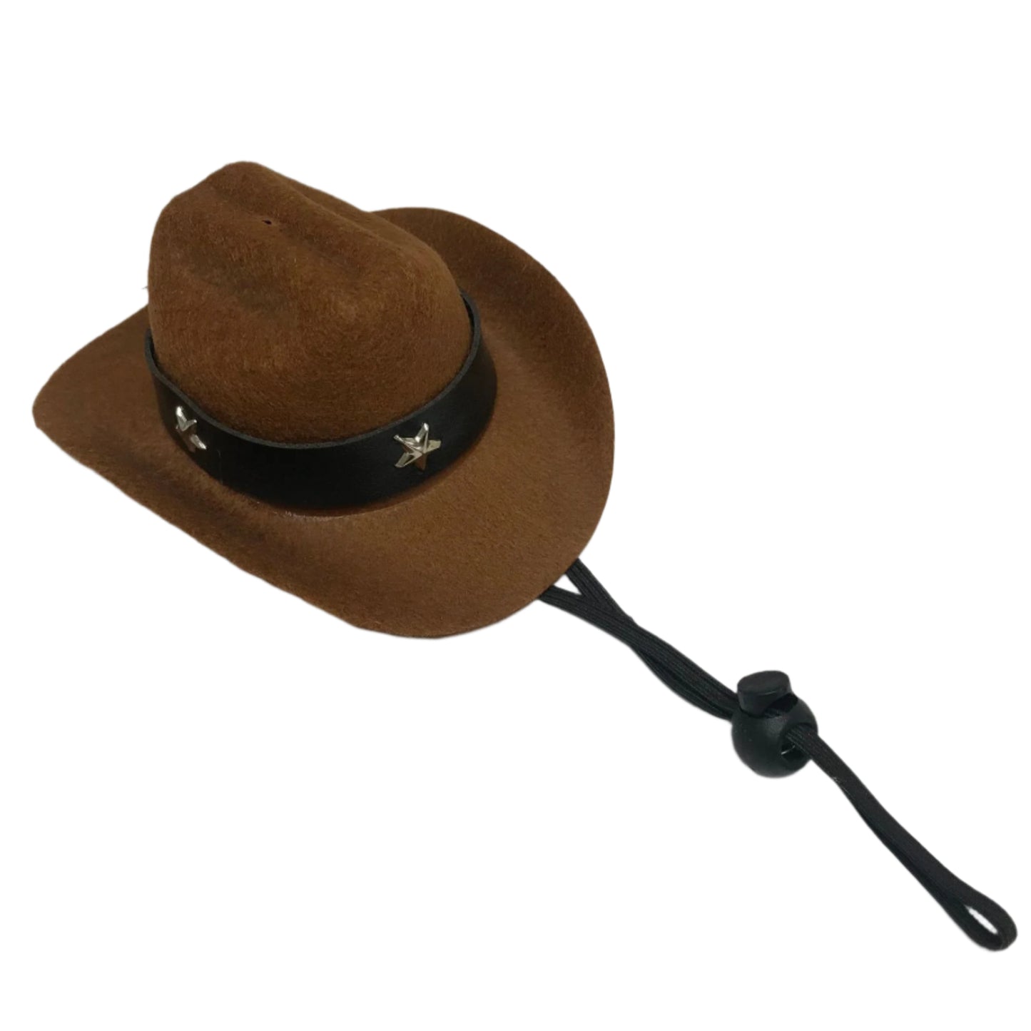 Brown pet cowboy hat with a black band with metal stars on a white background