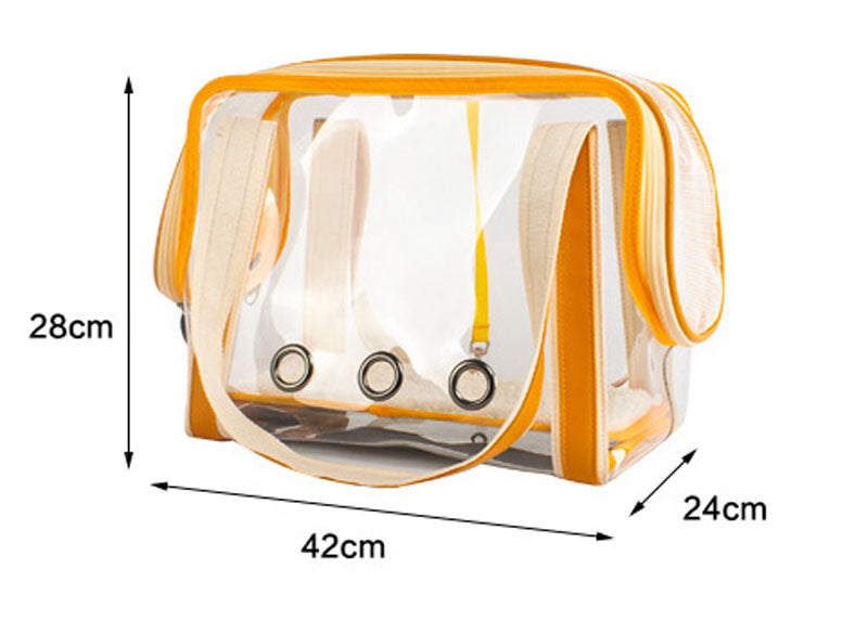 Clear pet carrier with yellow border and measurements on a white background