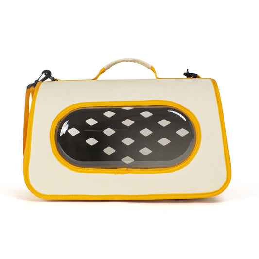 Pet carrier with yellow trim and clear window on a white background