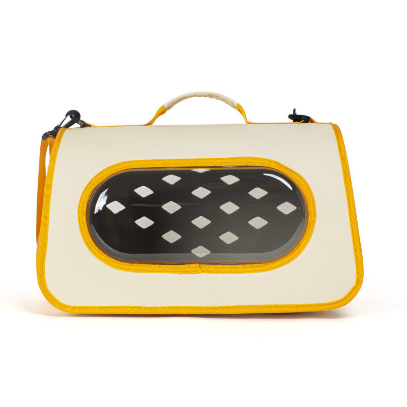 Pet carrier with yellow trim and clear window on a white background
