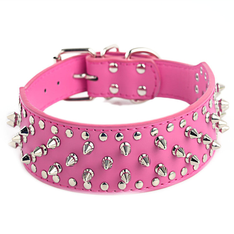 Pet Collar Leather Spiked Studded Cerise