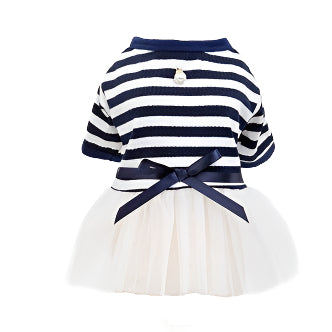 Blue striped pet dress on white background