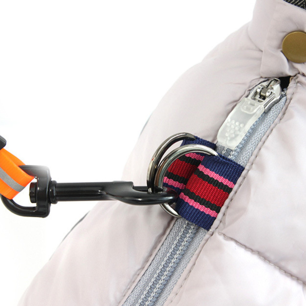 Close-up of a gray pet down jacket with leash attachment