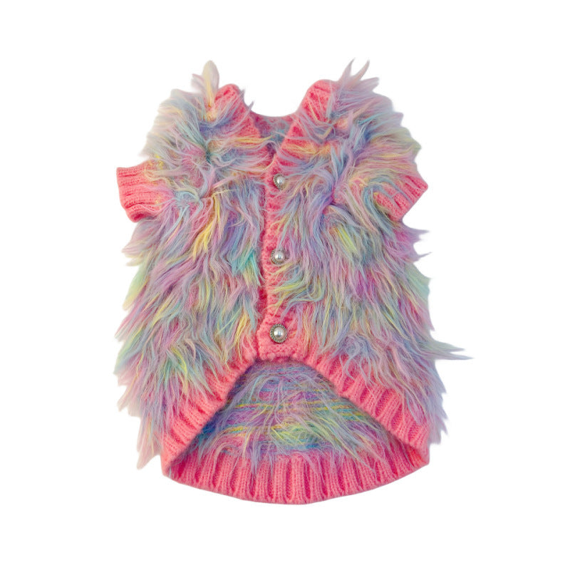 Rainbow fluffy pet sweater on a white background