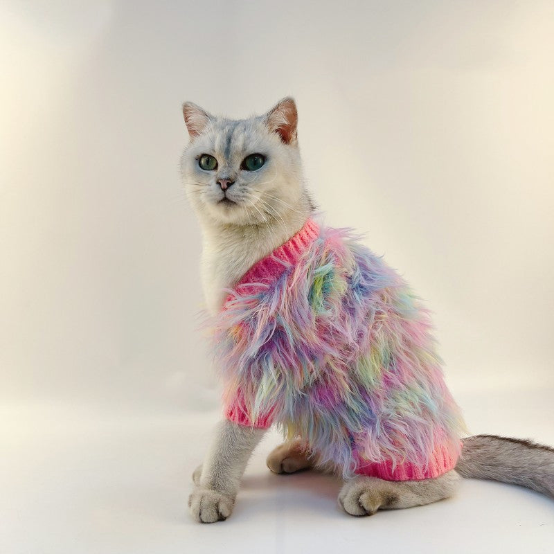 Cat wearing a fluffy rainbow sweater on a white background