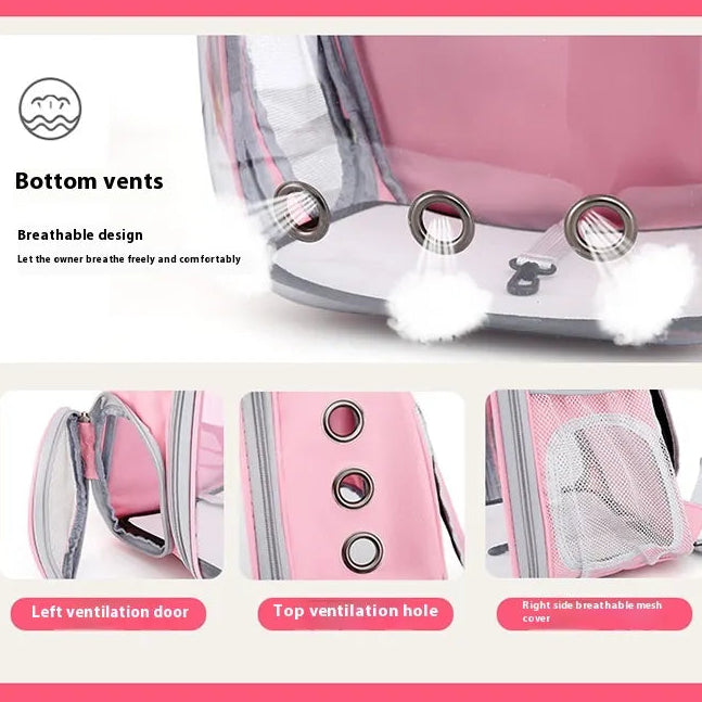 Pink pet bubble backpack with bottom vents and ventilation features on a white background