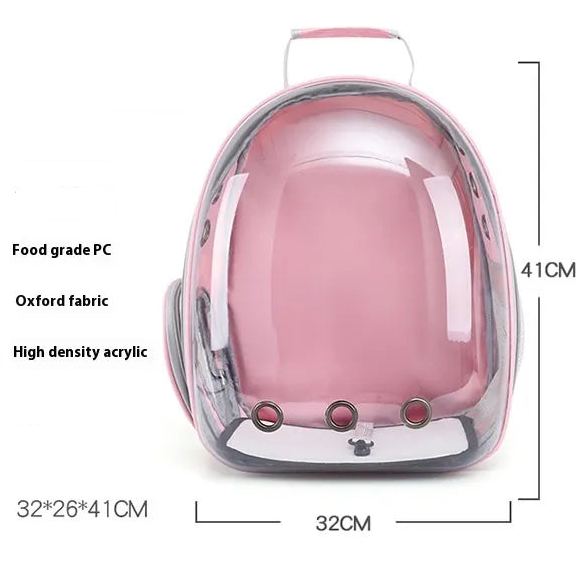 Pet bubble backpack with specifications and dimensions on a white background