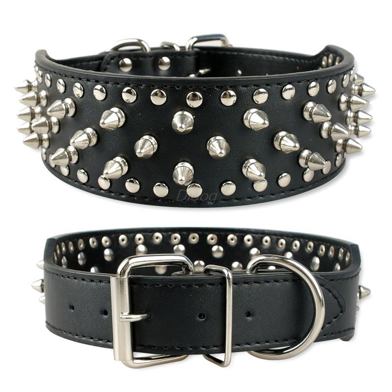 Pet Collar Leather Spiked Studded Black