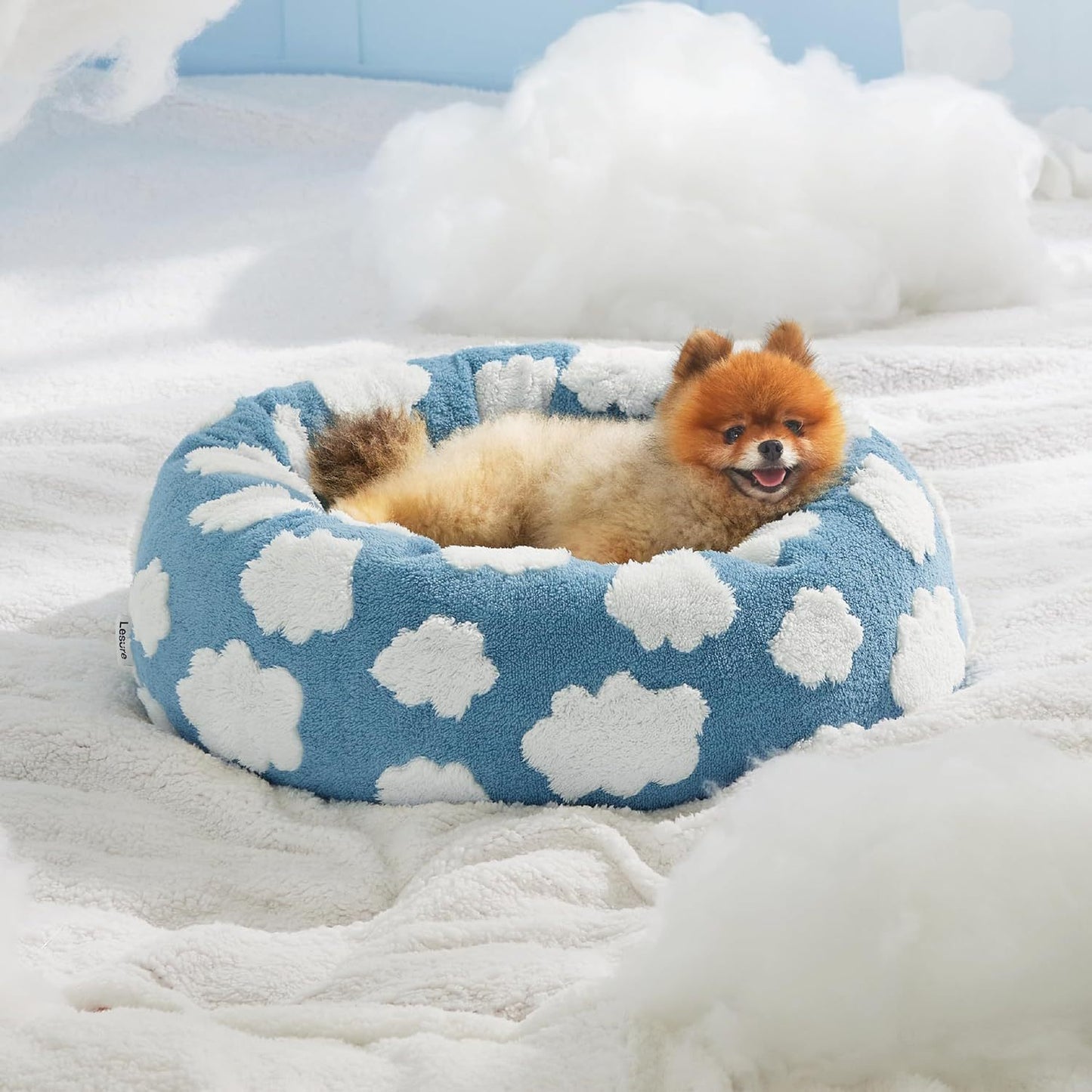 Pet Bed Round Sherpa Blue Clouds