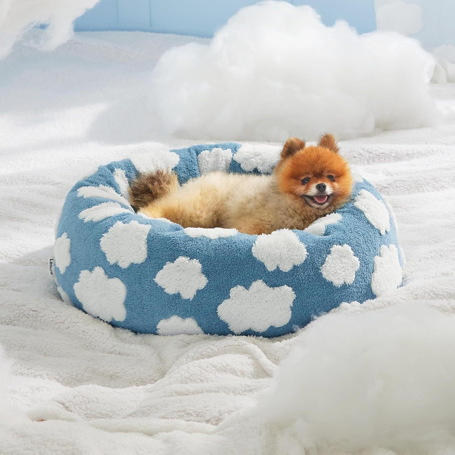 Pet Bed Round Sherpa Blue Clouds