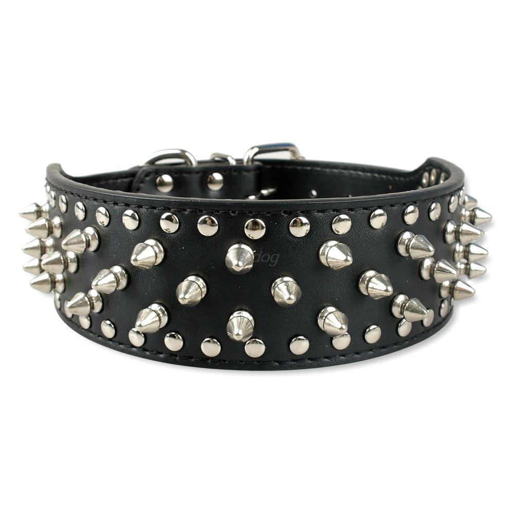 Pet Collar Leather Spiked Studded Black