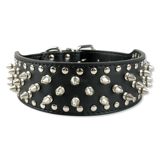 Pet Collar Leather Spiked Studded Black