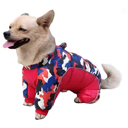 Dog wearing a red camouflage down jacket on a white background