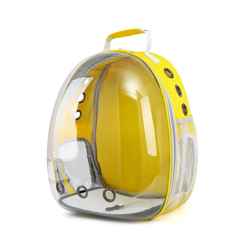 Yellow pet bubble backpack with transparent front on a white background.
