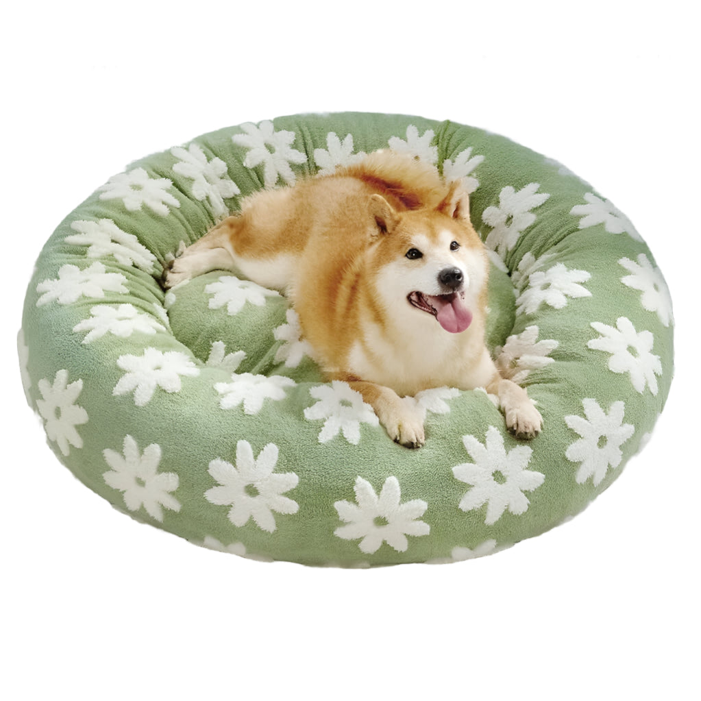 Pet Bed Round Sherpa Green Flowers