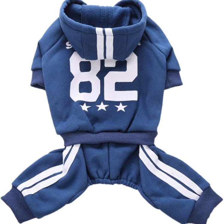 Blue pet hoodie with number 82 and white stars on a white background