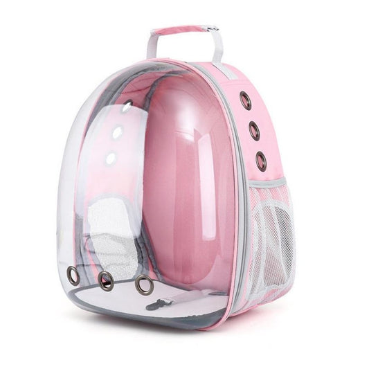 Pink pet bubble backpack with transparent front on a white background