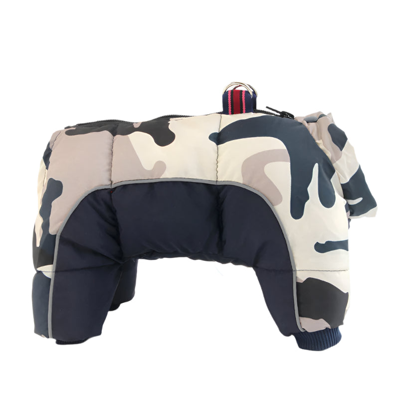 Camouflage and gray dog down jacket on a white background