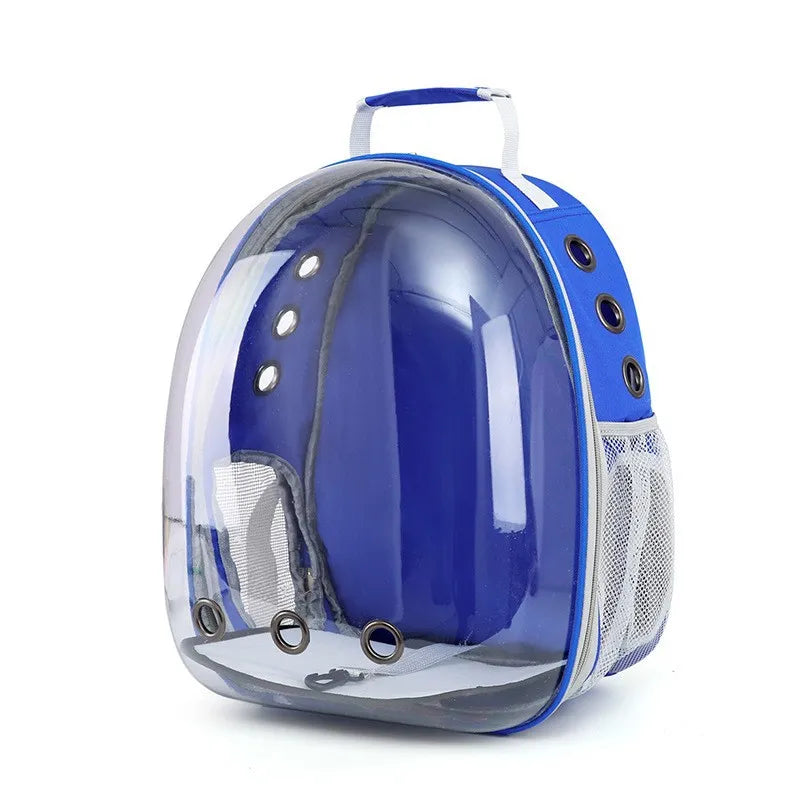 Blue pet bubble backpack with transparent front on a white background