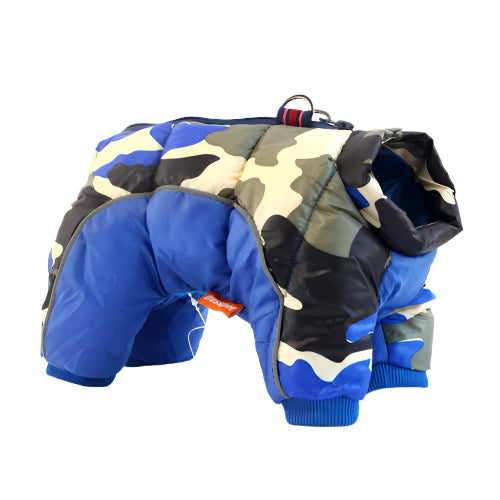 Camouflage and blue dog down jacket on a white background