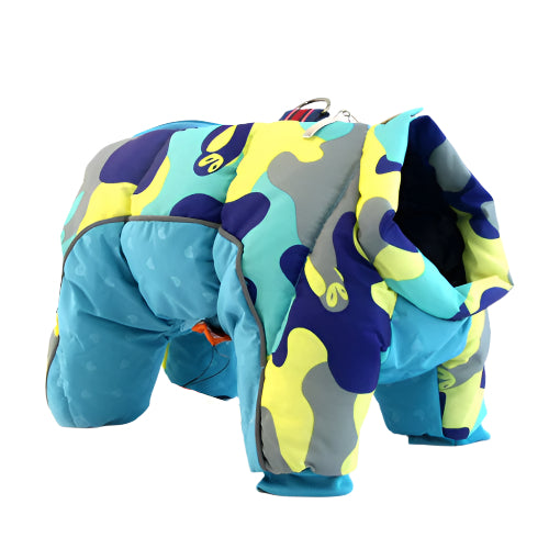 Camoflage and turquoise dog down jacket on a white background