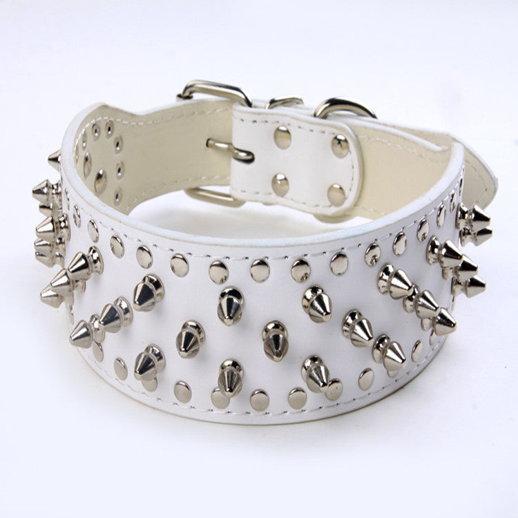 Pet Collar Leather Spiked Studded White