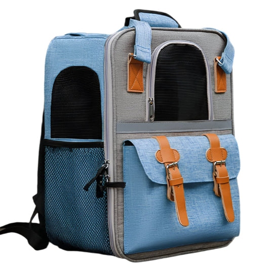 Blue pet carrier backpack with pocket on a white background