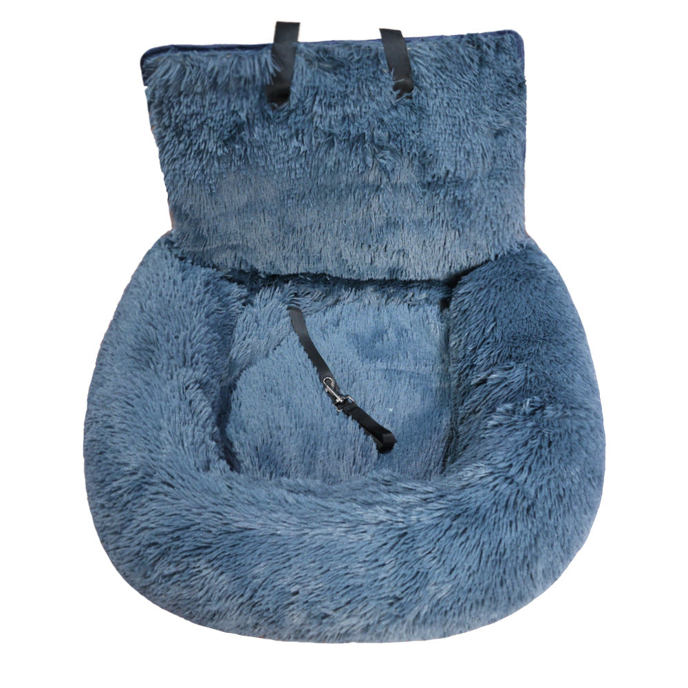 Blue fluffy car seat on a white background