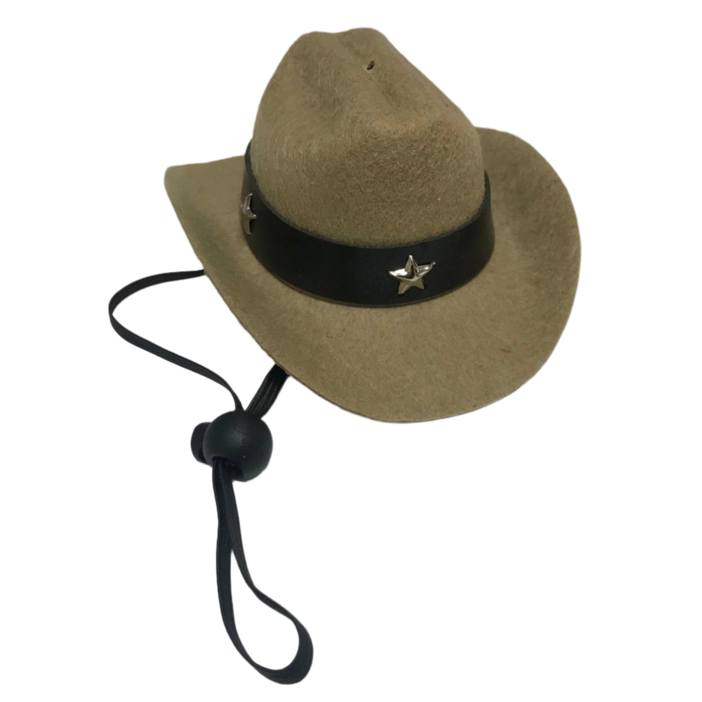 Khaki pet cowboy hat with a black band with stars on a white background
