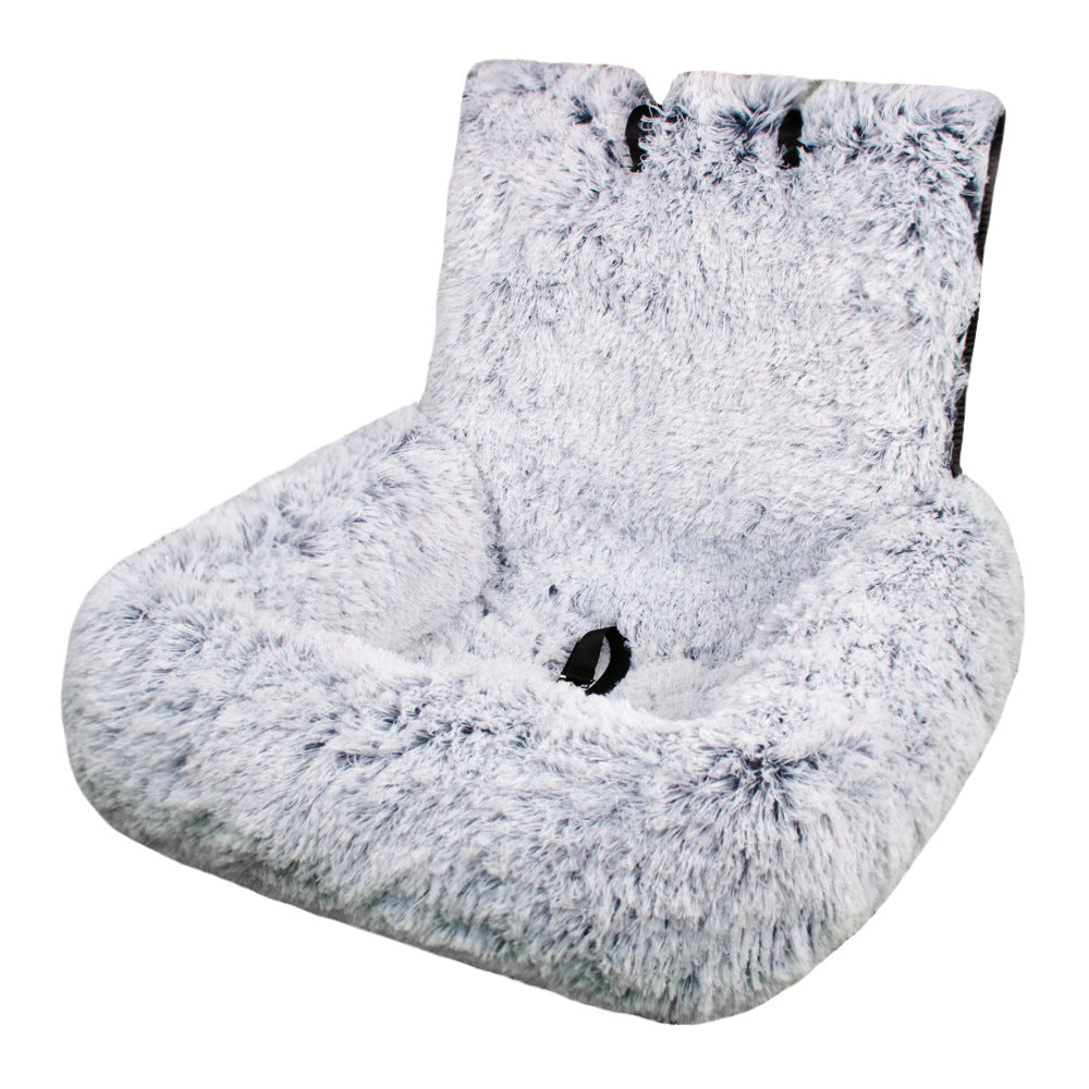Gray fluffy pet car seat on a white background