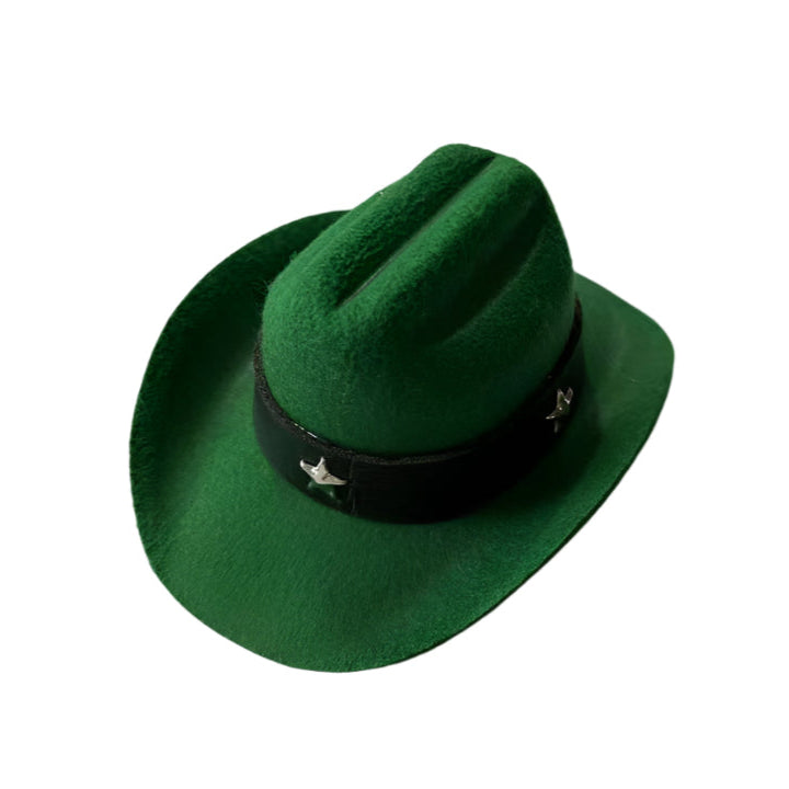 Green pet cowboy hat with a black band with stars on a white background