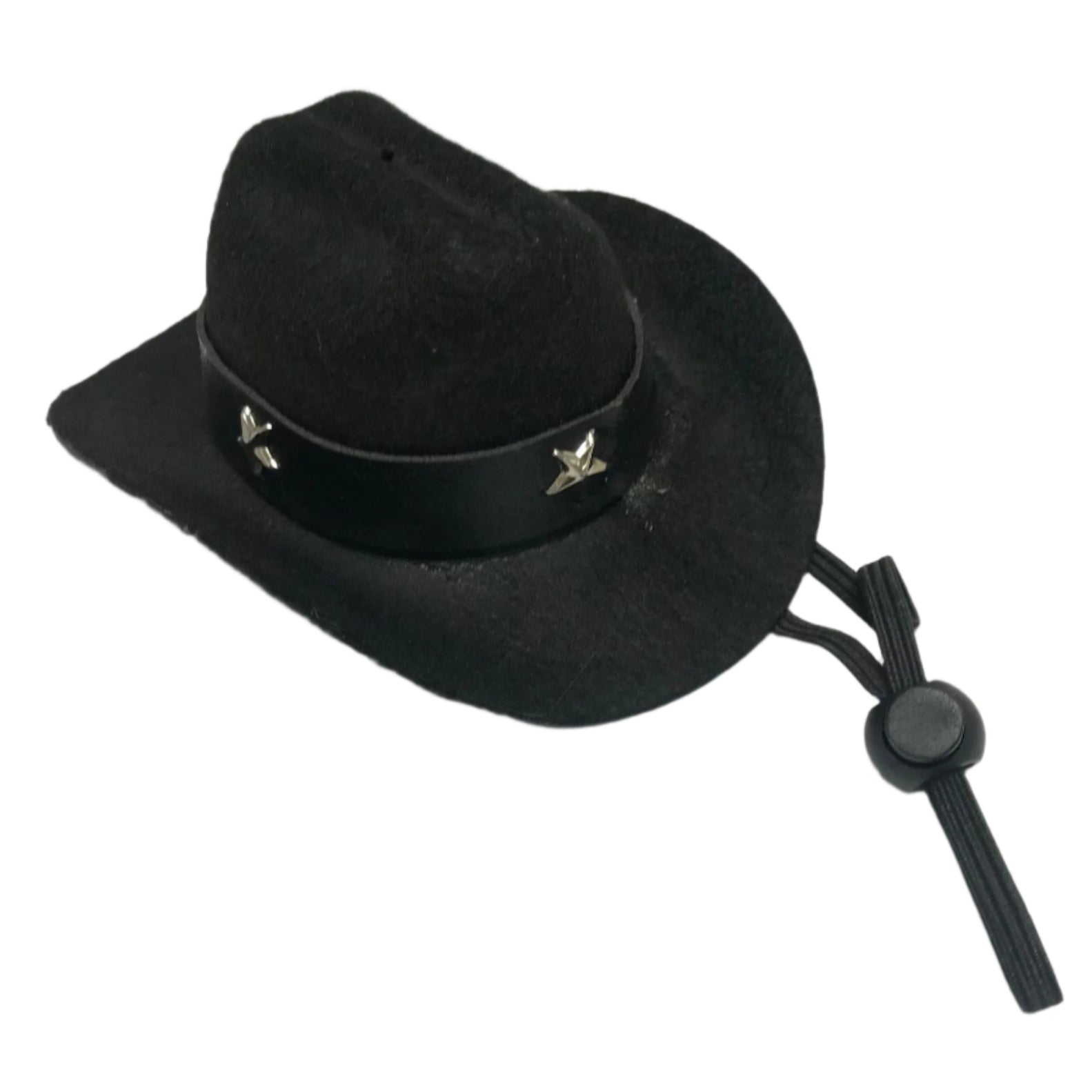 Black pet cowboy hat with decorative band with silver stars on a white background
