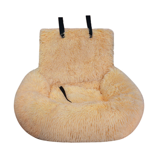 Apricot fluffy pet bed with black straps on a white background