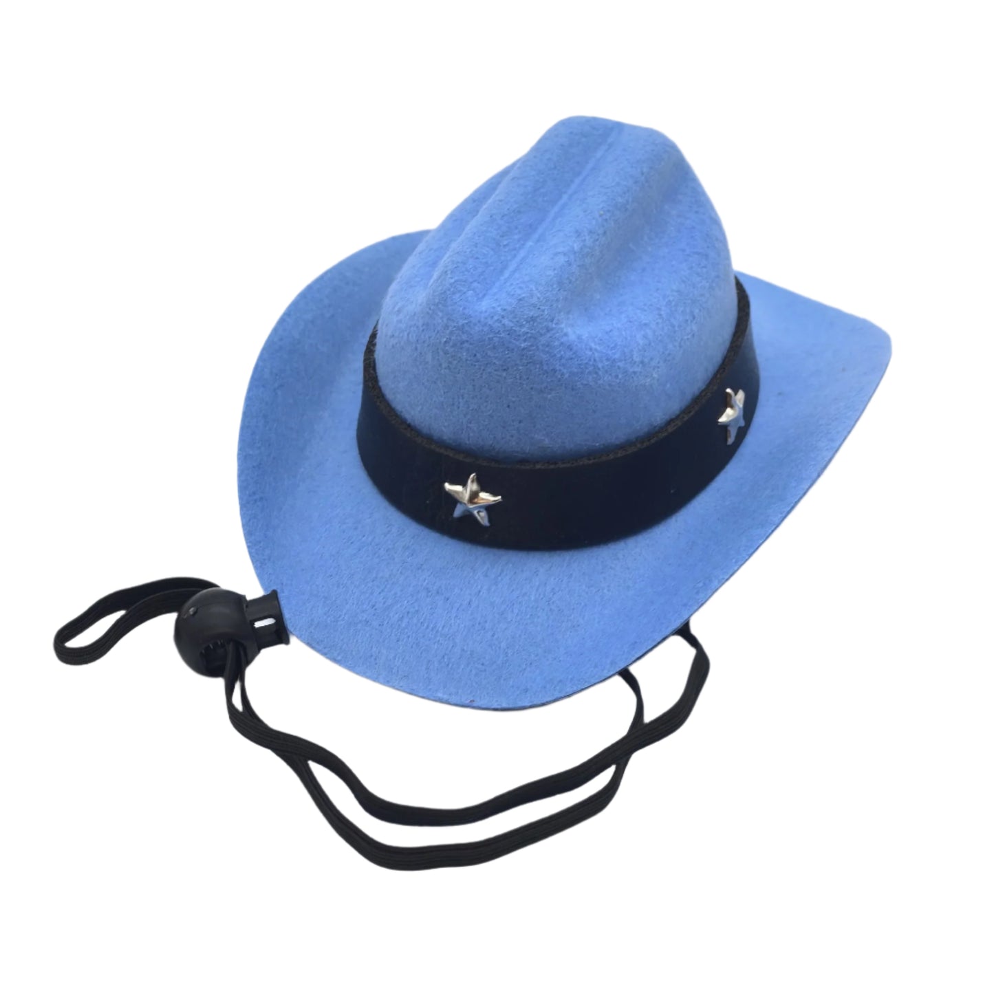 Blue pet cowboy hat with a black band featuring a star on a white background