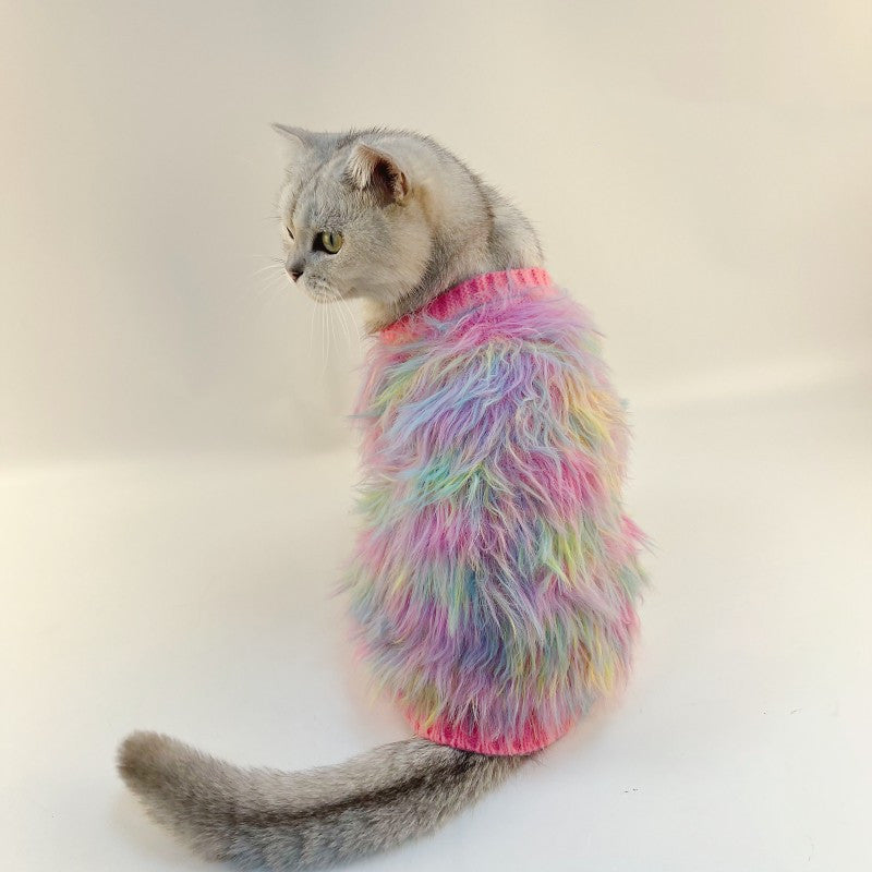 Cat wearing a fluffy rainbow sweater on a white background