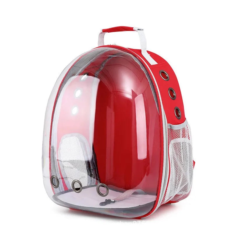 Red pet bubble backpack with transparent front on a white background