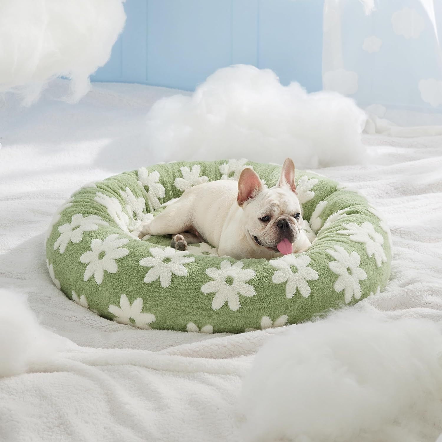 Pet Bed Round Sherpa Green Flowers