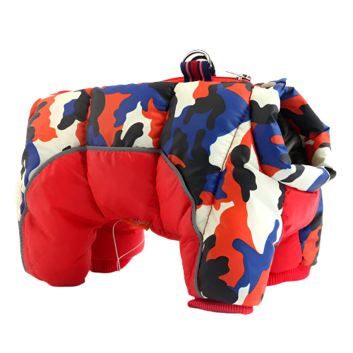 Camouflage and red dog down jacket on a white background